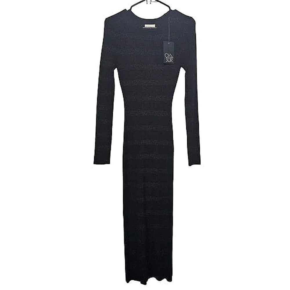 NWT Chaser‎ Veda Fillmore Stripe Midi Dress Small Bodycon Black Silver Heavy